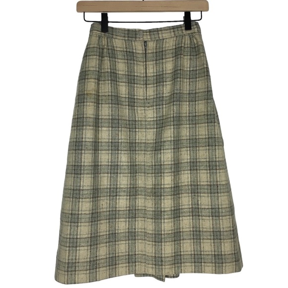 VINTAGE Midi Skirt Wool Plaid Lady Thomson Neutral Minimalist Tartan Size 10 - Picture 3 of 16
